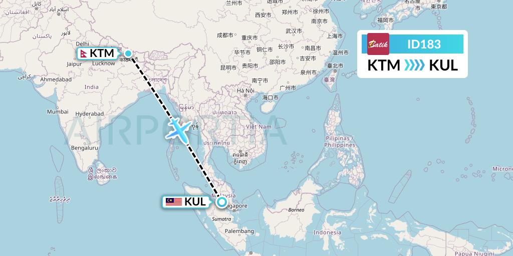 ID183 Batik Air Flight Map: Kathmandu to Kuala Lumpur