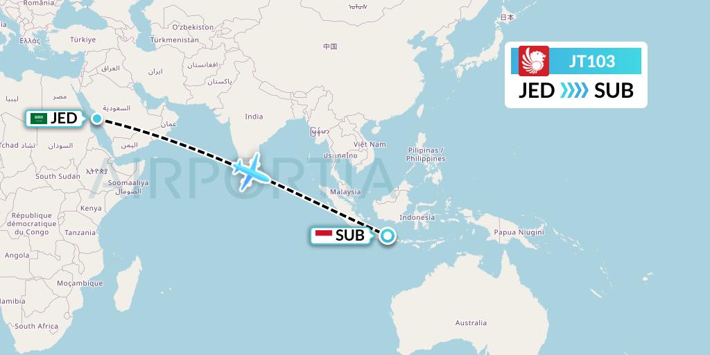 JT103 Lion Airlines Flight Map: Jeddah to Surabaya