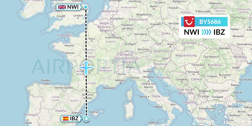 BY5686 TUI Airways Flight Map: Norwich to Ibiza