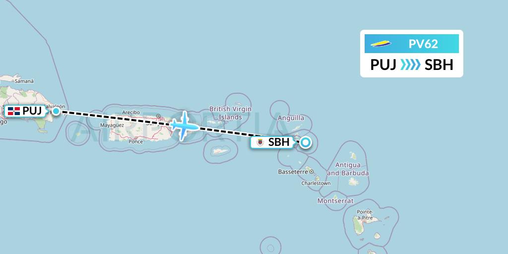 PV62 St. Barth Commuter Flight Map: Punta Cana to St. Jean