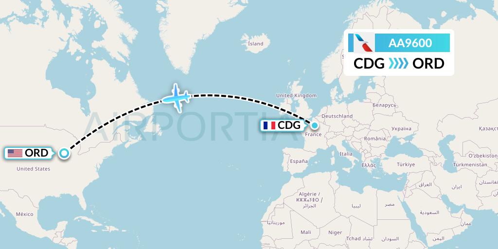 AA9600 American Airlines Flight Map: Paris to Chicago