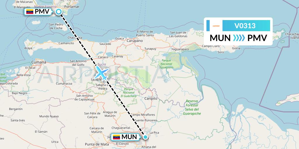 V0313 Conviasa Flight Map: Maturin to Porlamar