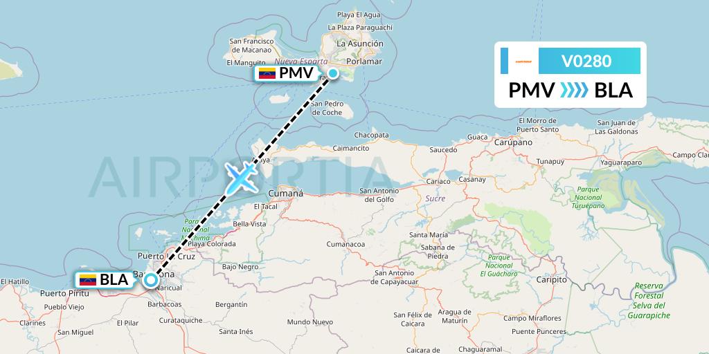 V0280 Conviasa Flight Map: Porlamar to Barcelona