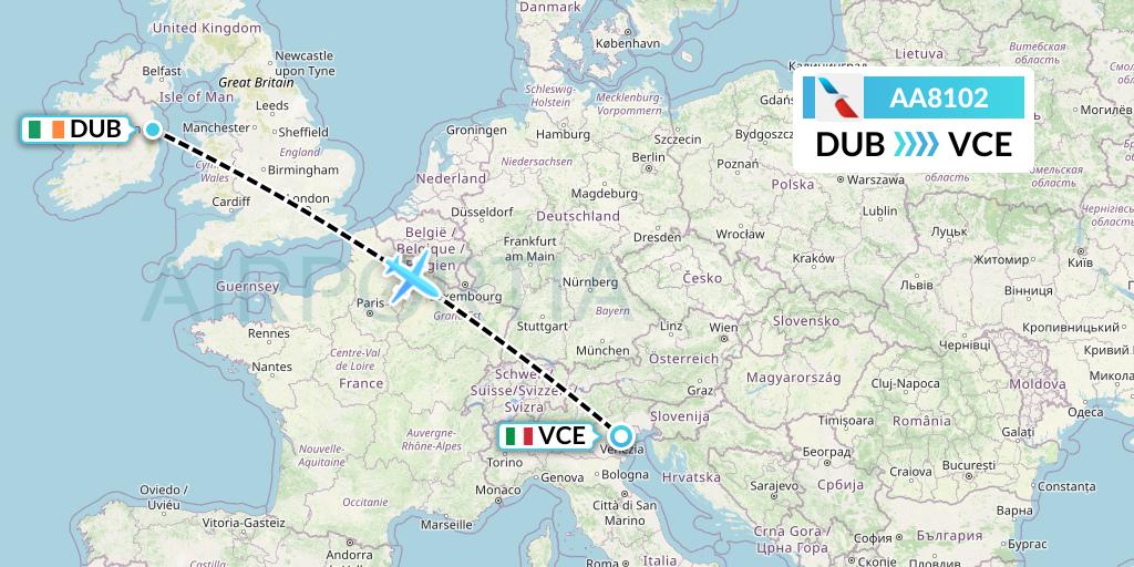 AA8102 American Airlines Flight Map: Dublin to Venice