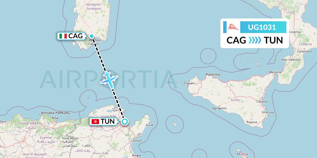 UG1031 Tunisair Express Flight Map: Cagliari to Tunis