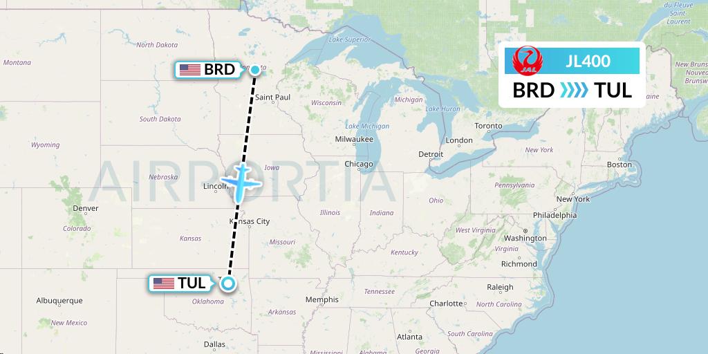 JL400 Japan Airlines Flight Map: Brainerd to Tulsa