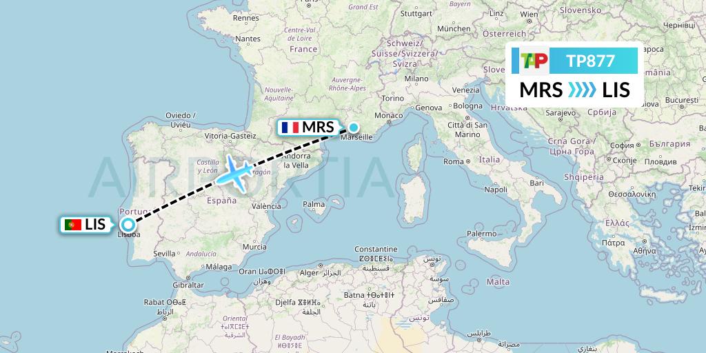 TP877 TAP Portugal Flight Map: Marseille to Lisbon