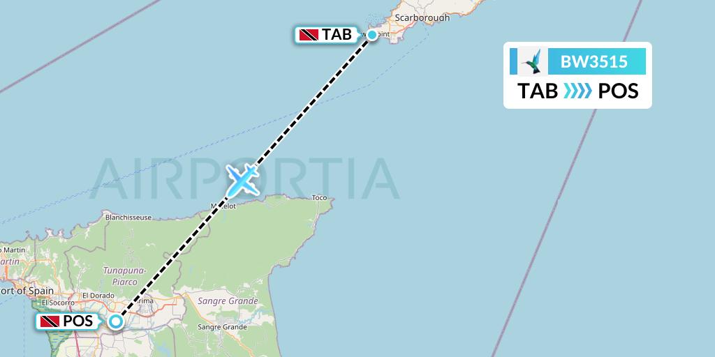 BW3515 Caribbean Airlines Flight Map: Scarborough to Port of Spain