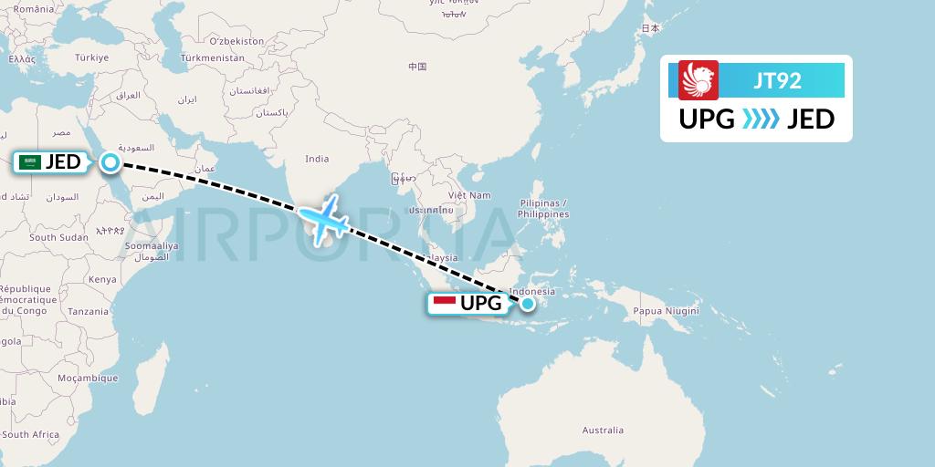 JT92 Lion Airlines Flight Map: Makassar to Jeddah