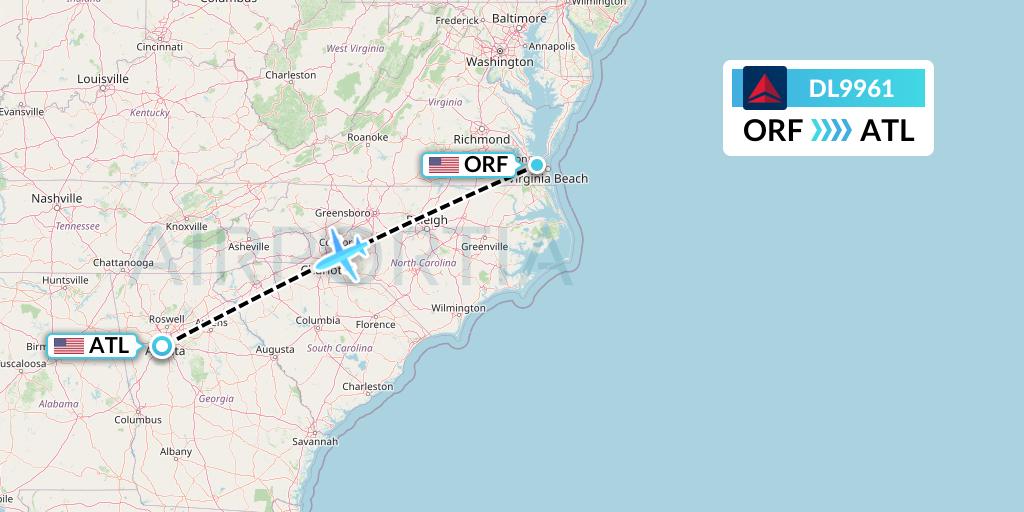 DL9961 Delta Air Lines Flight Map: Norfolk to Atlanta
