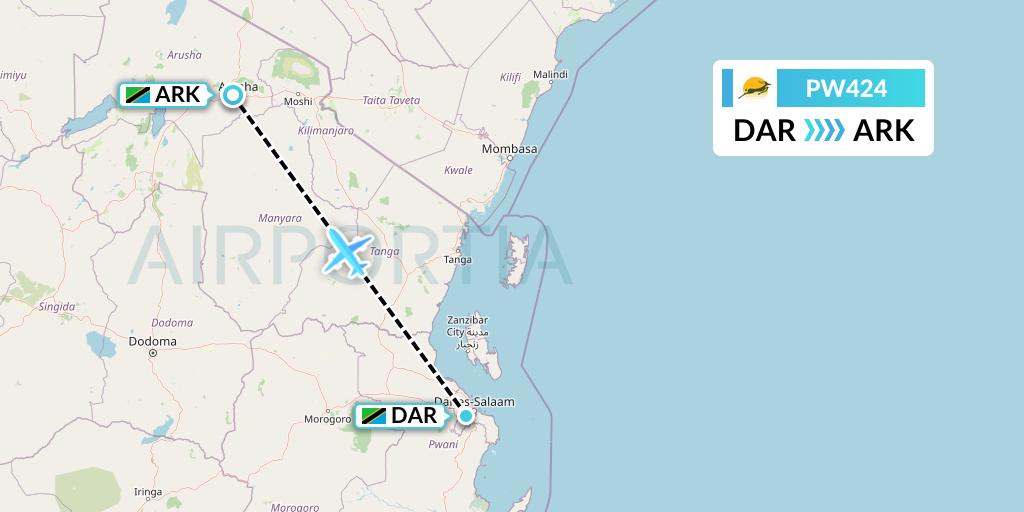 PW424 Precision Air Flight Map: Dar-es-Salaam to Arusha