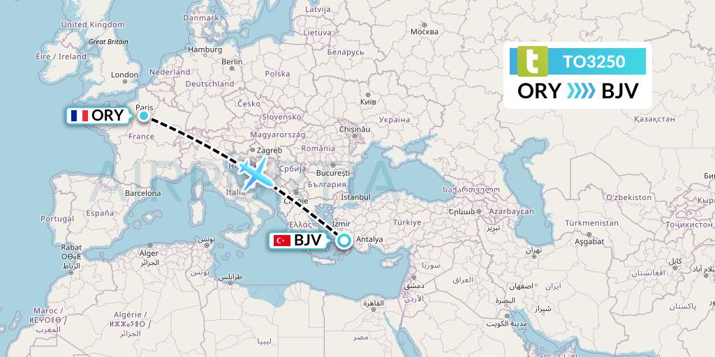 TO3250 Transavia France Flight Map: Paris to Bodrum