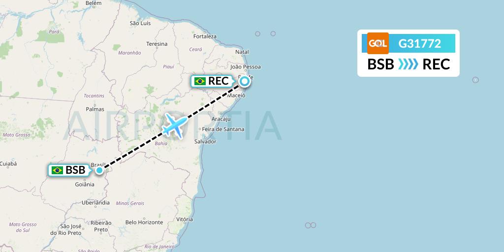 G31772 GOL Transportes Aeros Flight Map: Brasilia to Recife