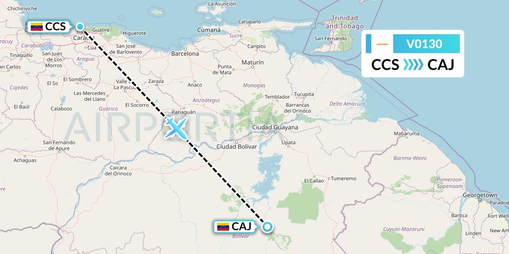 V0130 Conviasa Flight Map: Caracas to Canaima