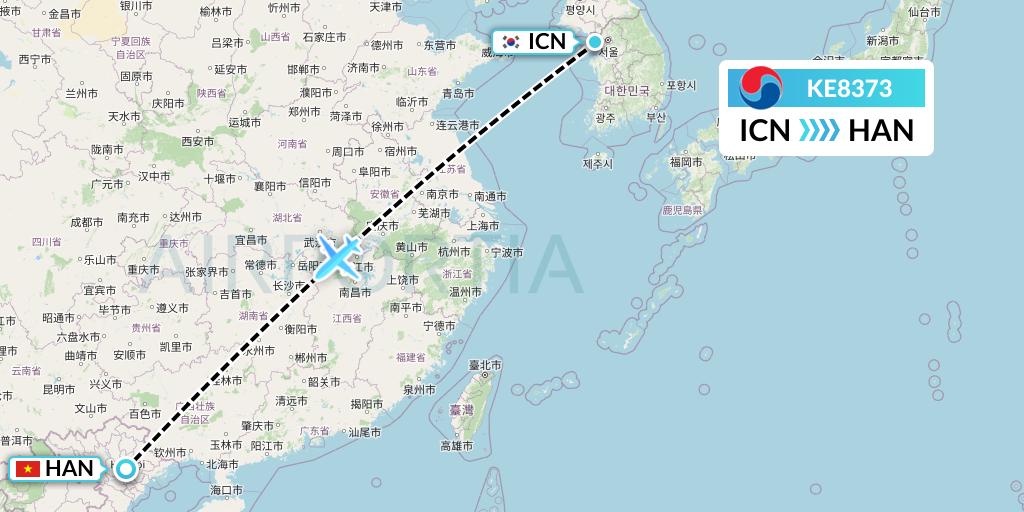 KE8373 Korean Air Flight Map: Seoul to Hanoi