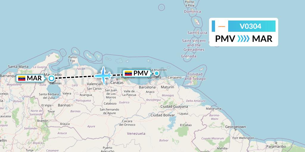 V0304 Conviasa Flight Map: Porlamar to Maracaibo