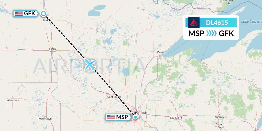 DL4615 Delta Air Lines Flight Map: Minneapolis to Grand Forks