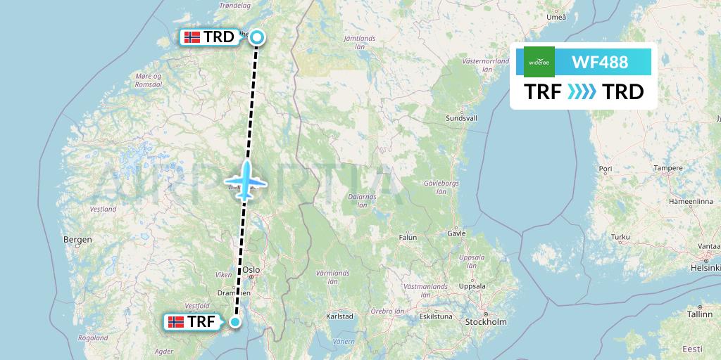 WF488 Wideroe Flight Map: Oslo to Trondheim