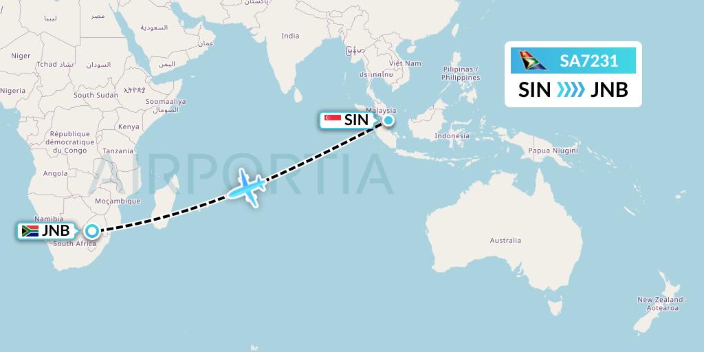 SA7231 South African Airways Flight Map: Singapore to Johannesburg