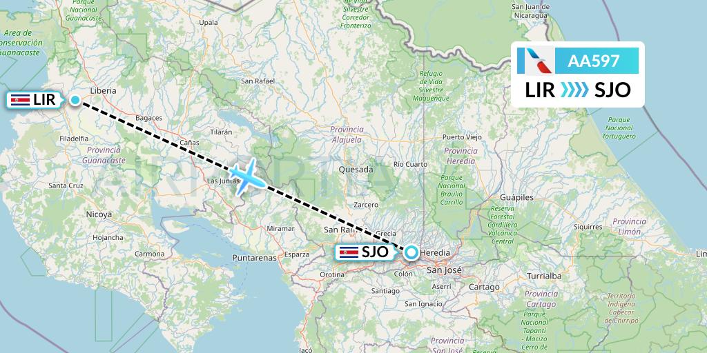 AA597 American Airlines Flight Map: Liberia to San Jose