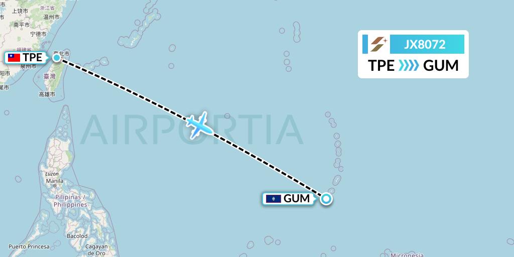 JX8072 Starlux Airlines Flight Map: Taipei to Guam