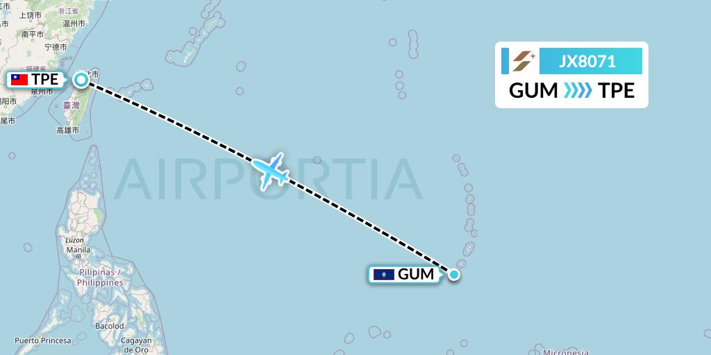 JX8071 Starlux Airlines Flight Map: Guam to Taipei