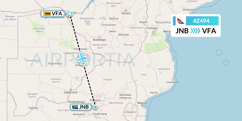 4Z494 Airlink Flight Map: Johannesburg to Victoria Falls