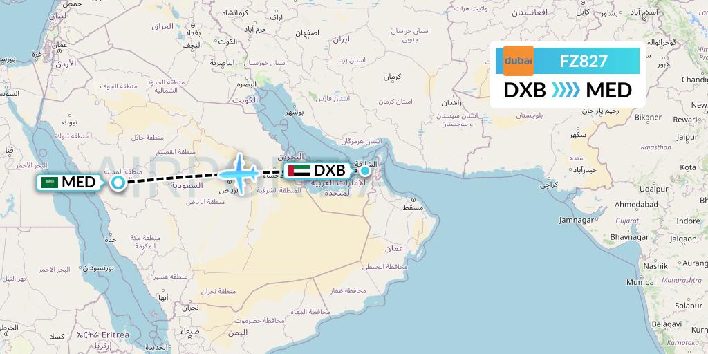 FZ827 FlyDubai Flight Map: Dubai to Medina