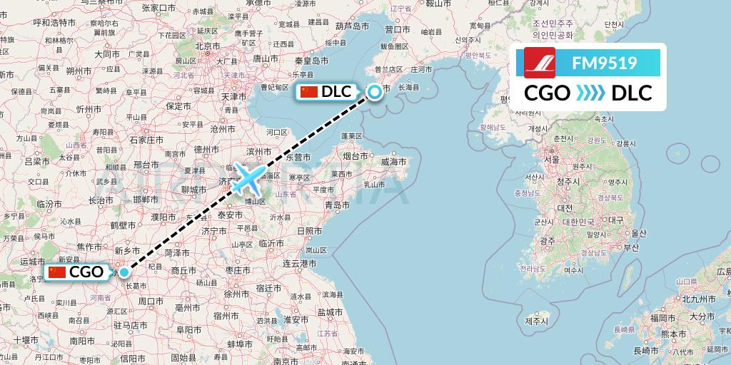 FM9519 Shanghai Airlines Flight Map: Zhengzhou to Dalian