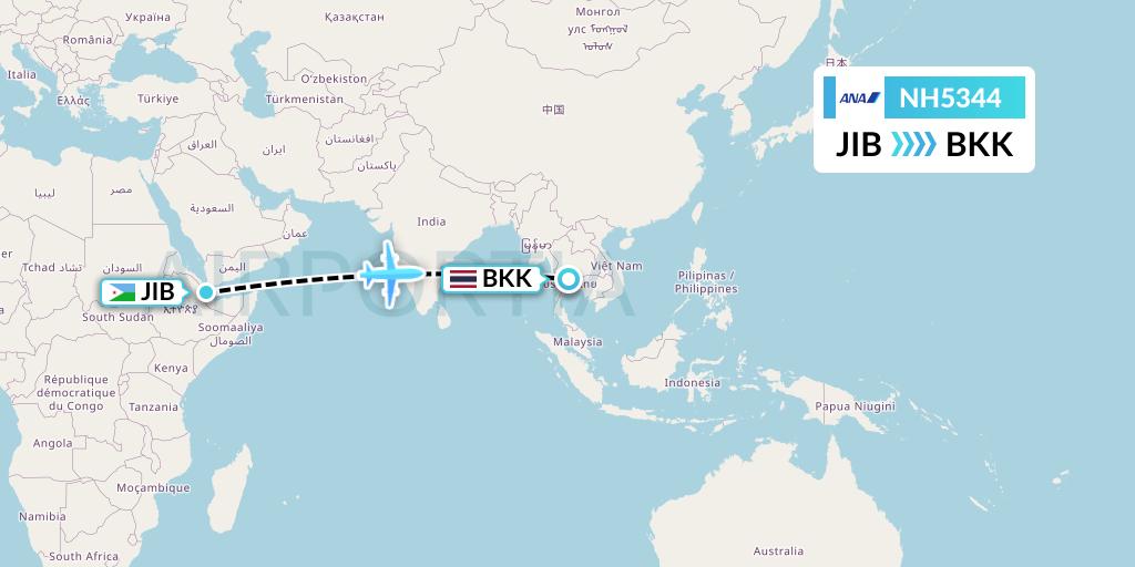 NH5344 All Nippon Airways Flight Map: Djibouti to Bangkok