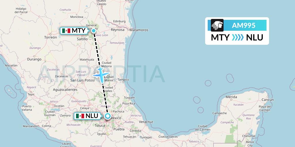 AM995 Aeromexico Flight Map: Monterrey to Reyes Acozac