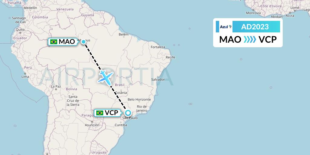 AD2023 Azul Brazilian Airlines Flight Map: Manaus to Campinas