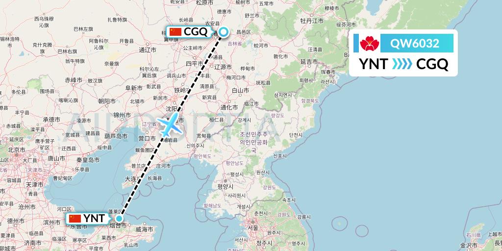 QW6032 Qingdao Airlines Flight Map: Yantai to Changchun