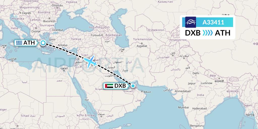 A33411 Aegean Airlines Flight Map: Dubai to Athens