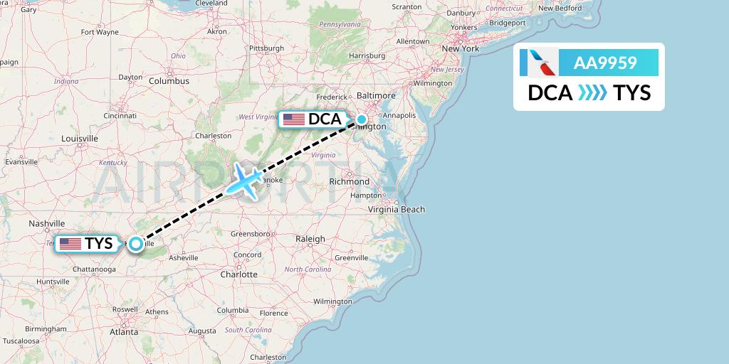 AA9959 American Airlines Flight Map: Washington to Knoxville