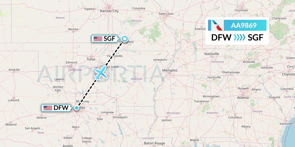 AA9869 American Airlines Flight Map: Dallas to Springfield