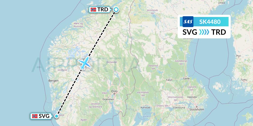 SK4480 SAS Flight Map: Stavanger to Trondheim