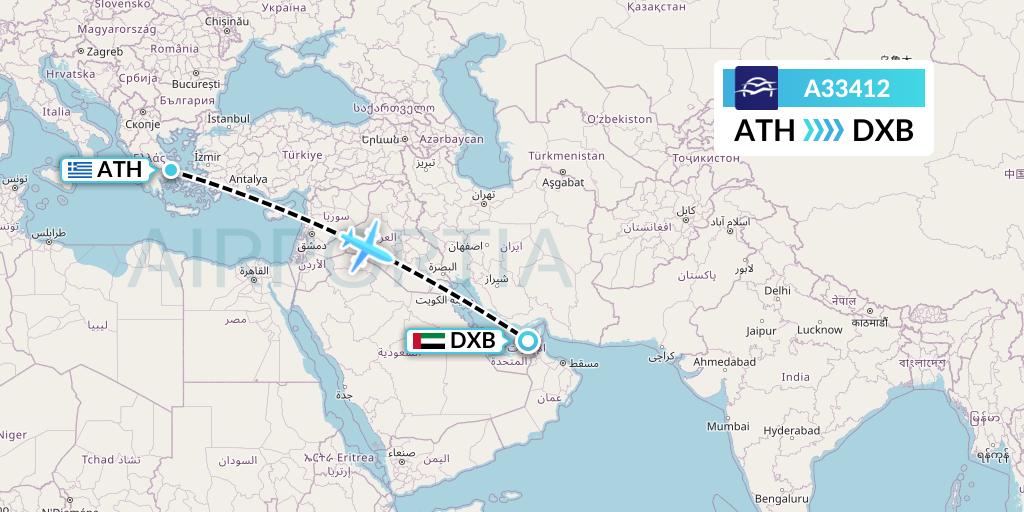 A33412 Aegean Airlines Flight Map: Athens to Dubai