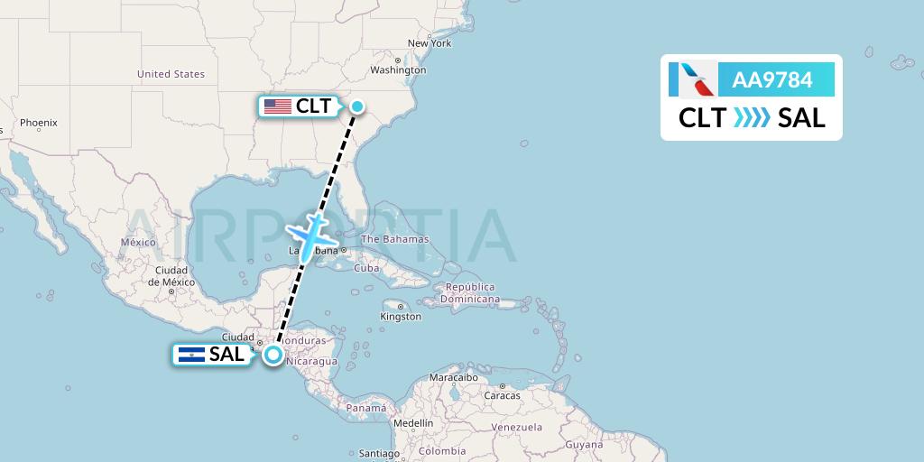 AA9784 American Airlines Flight Map: Charlotte to San Salvador