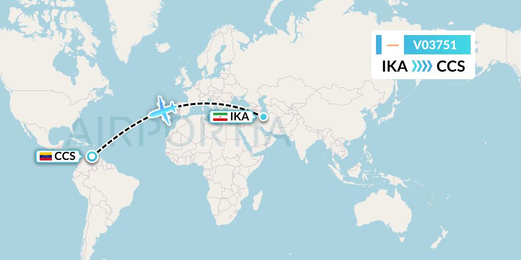 V03751 Conviasa Flight Map: Tehran to Caracas