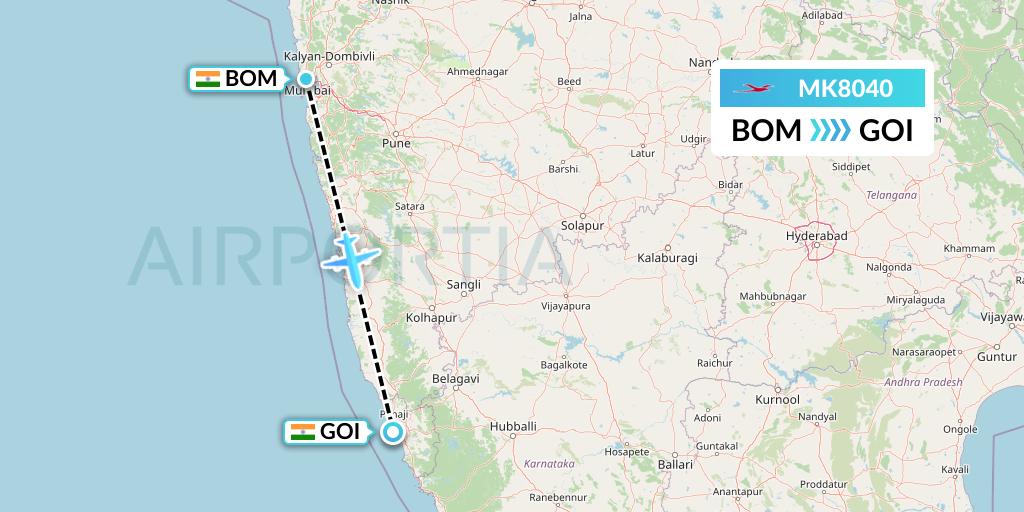 MK8040 Air Mauritius Flight Map: Mumbai to Goa