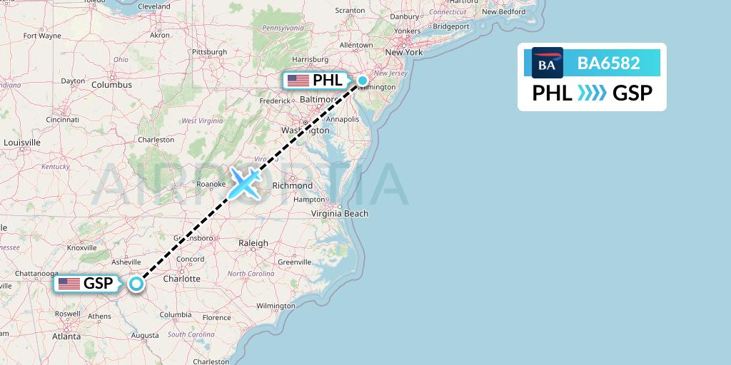 BA6582 British Airways Flight Map: Philadelphia to Greenville-Spartanburg