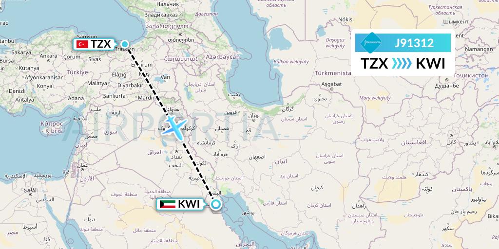 J91312 Jazeera Airways Flight Map: Trabzon to Kuwait City