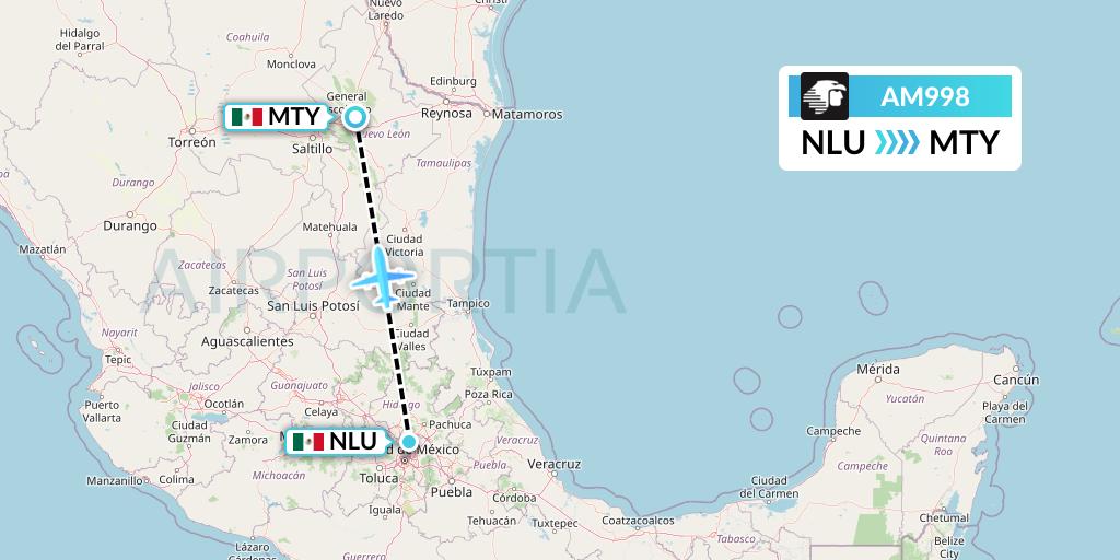 AM998 Aeromexico Flight Map: Reyes Acozac to Monterrey