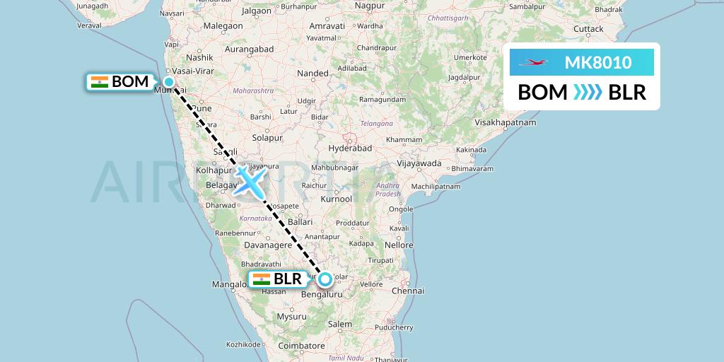 MK8010 Air Mauritius Flight Map: Mumbai to Bangalore