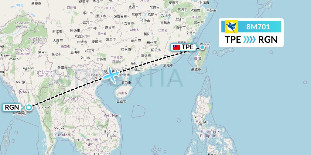 8M701 Myanmar Airways International Flight Map: Taipei to Yangon