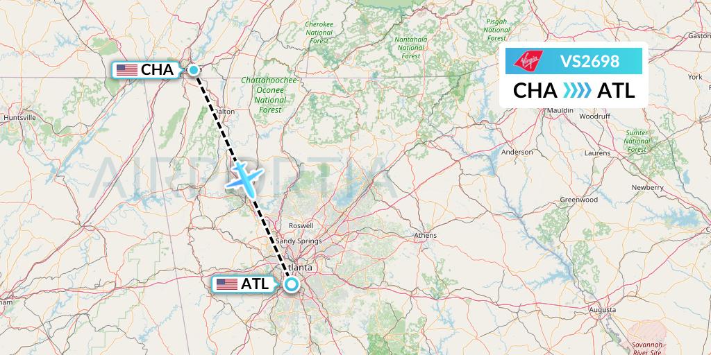 VS2698 Virgin Atlantic Airways Flight Map: Chattanooga to Atlanta