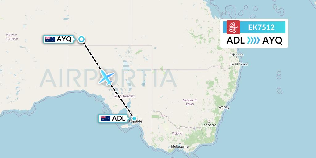 EK7512 Emirates Flight Map: Adelaide to Ayers Rock