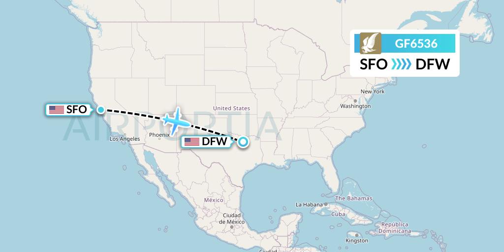 GF6536 Gulf Air Flight Map: San Francisco to Dallas