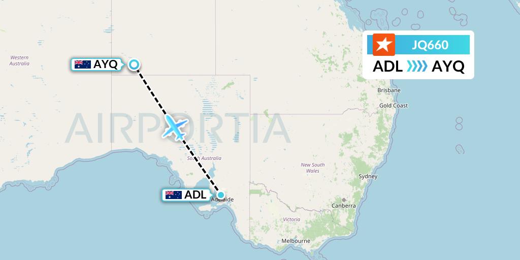JQ660 Jetstar Airways Flight Map: Adelaide to Ayers Rock